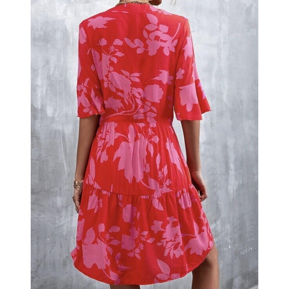 QINCAO Womens Size L ~ Loose Tiered Babydoll Ruffled Sleeve Dress ~ Coral & Pink - Picture 4 of 6